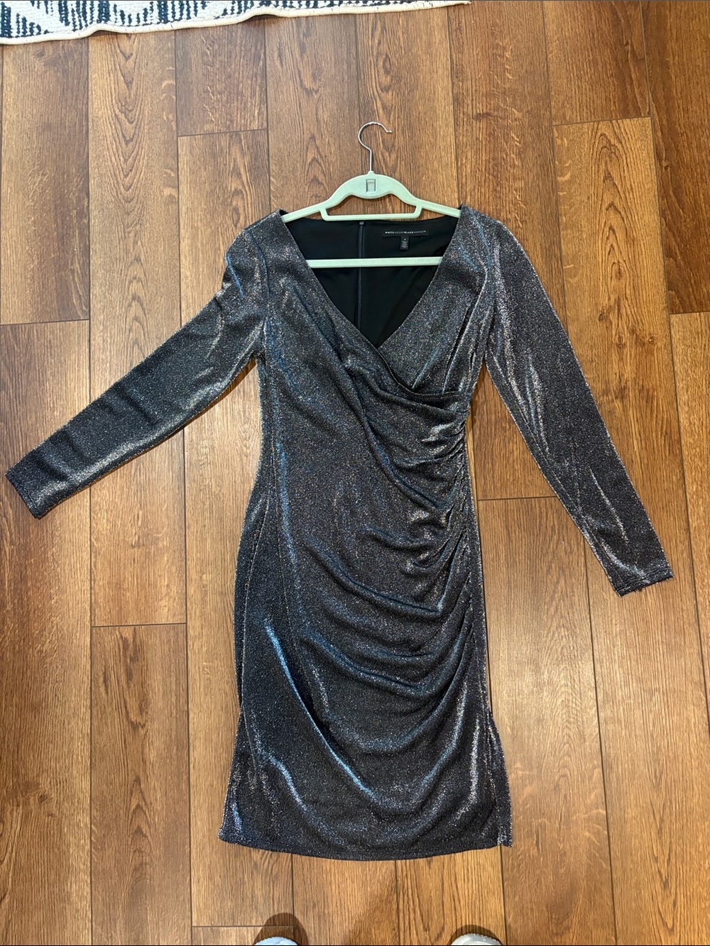 White House Black Market Charcoal Shimmery Ruched Wrap Dress